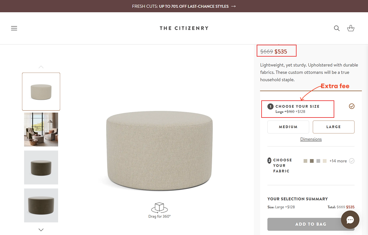 Display the full price based on product sizes