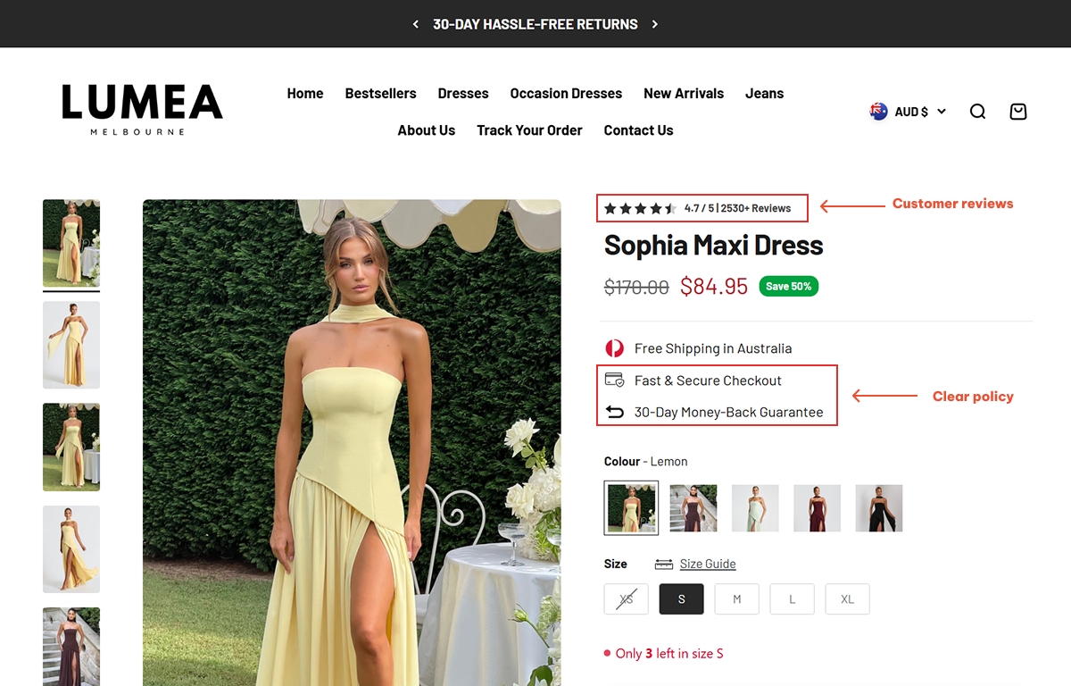 A Shopify store shows review ratings and clear policies to build trust