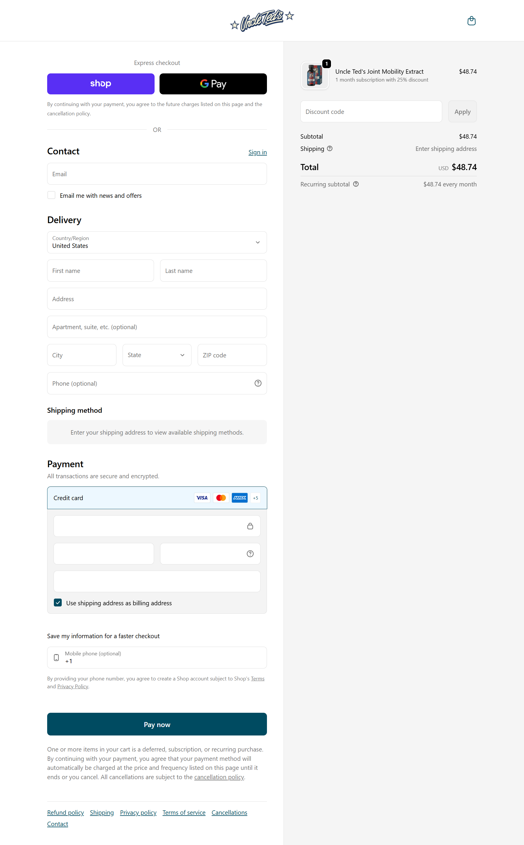 Example of a simple checkout page