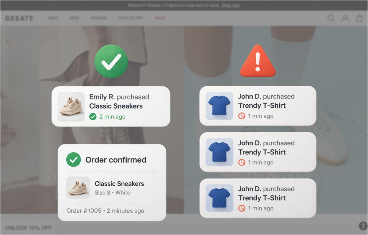Real sales notifications with a few natural popups versus fake ones with repetitive message structures