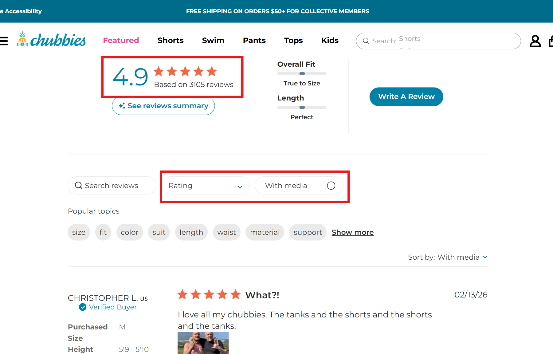 Detailed product reviews section with rating and media filter