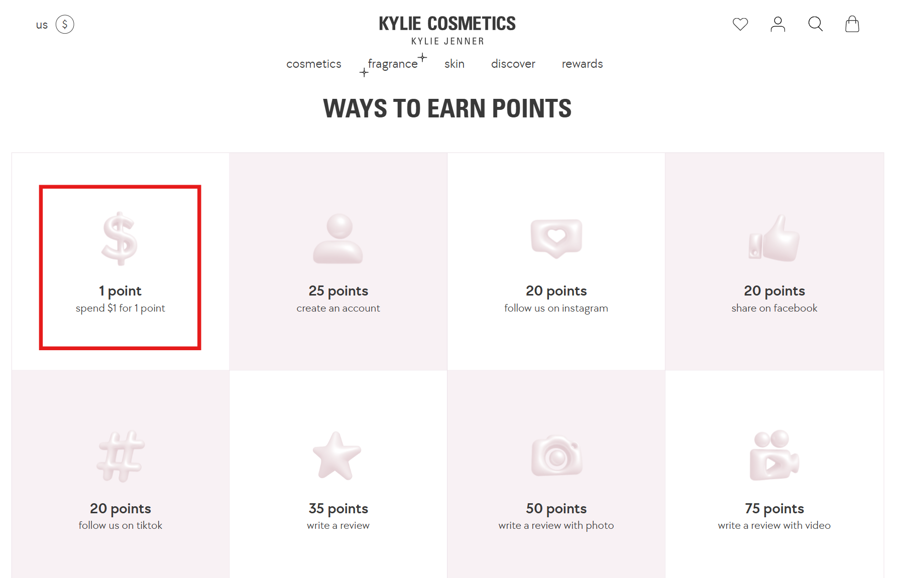Ways to earn points in Kylie Cosmetics reward systems