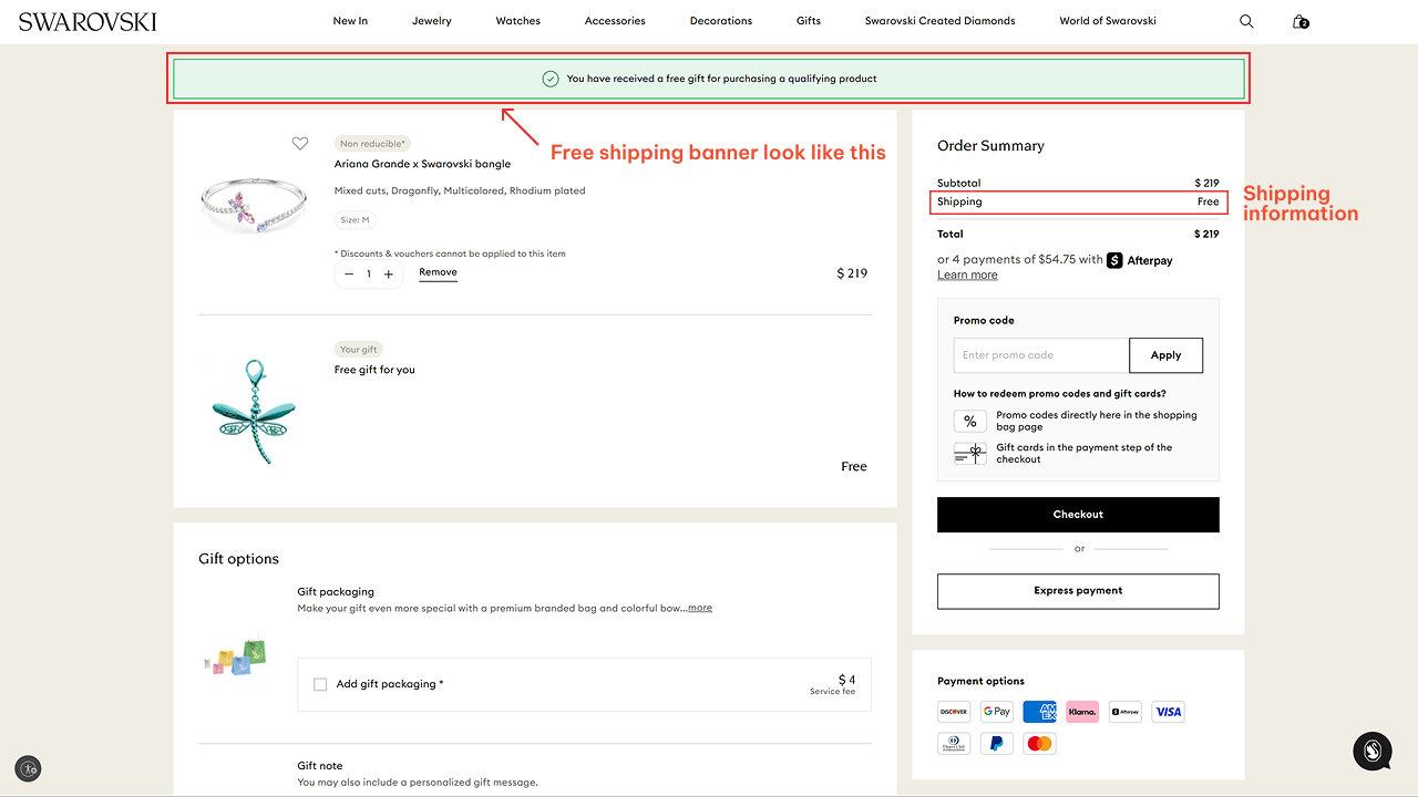 How Swarovski shows shipping information on their cart page.