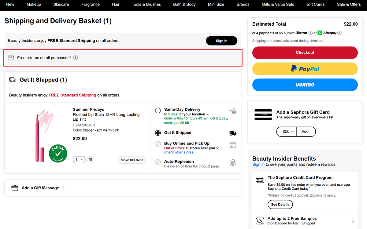 Sephora mentions "Free returns on all purchases" guarantee.