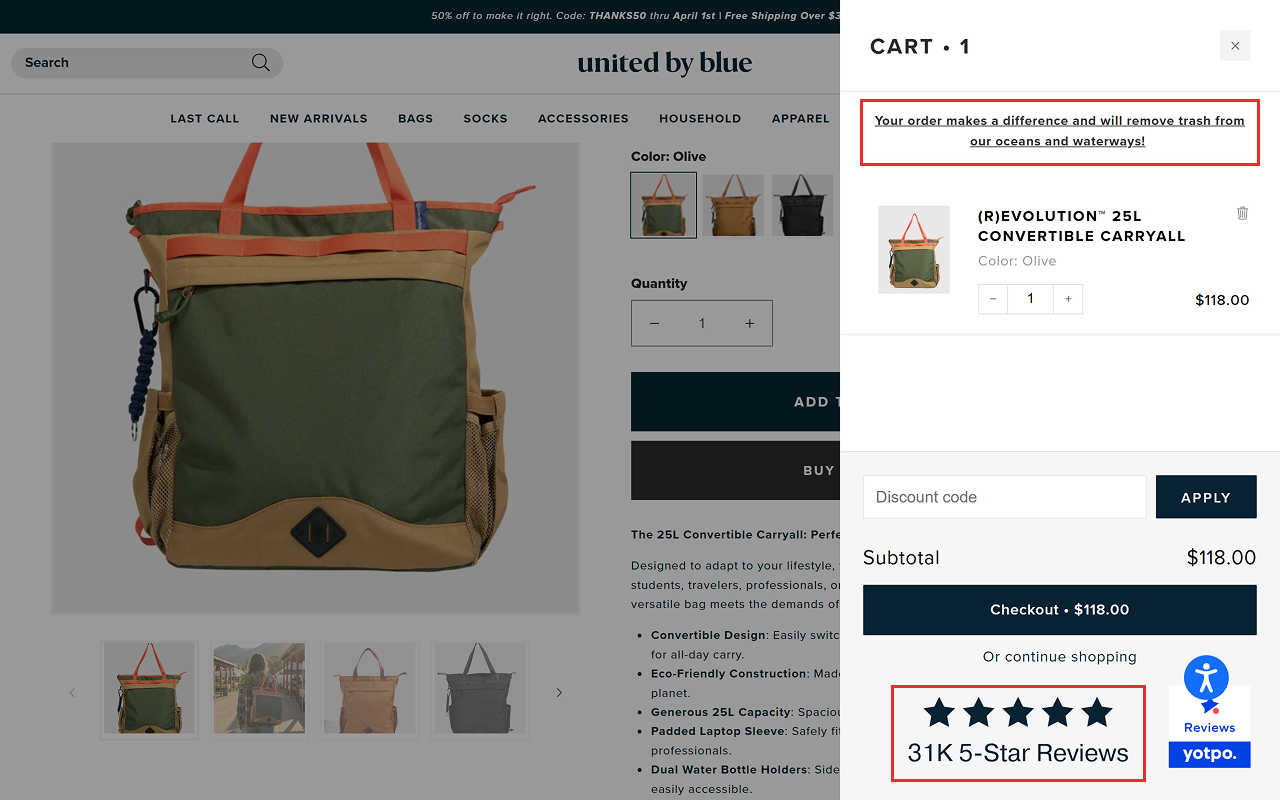 How United by Blue displays brand message and customer ratings in their slide-out cart.