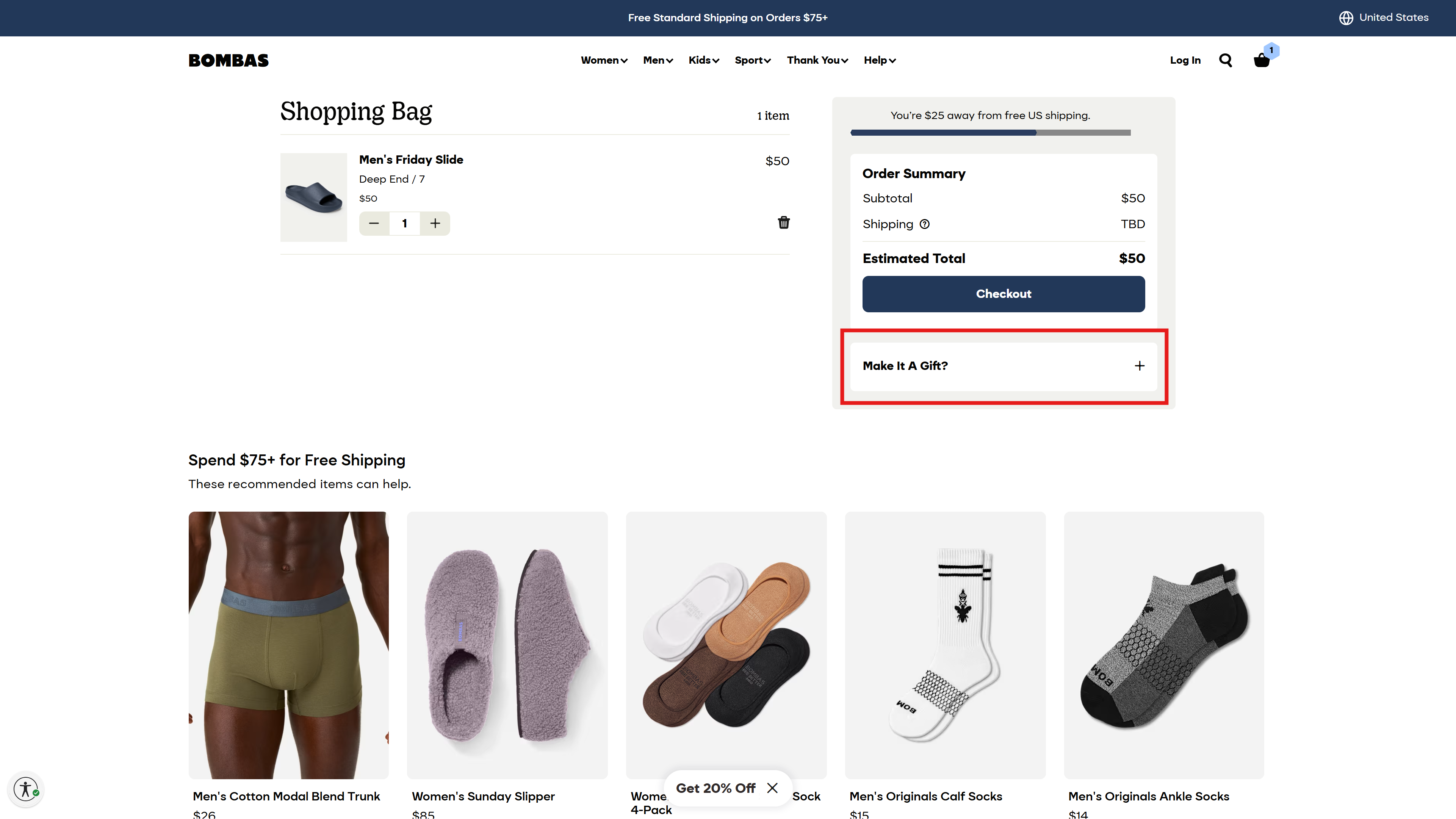 "Make It A Gift?" field on Bombas's cart page.