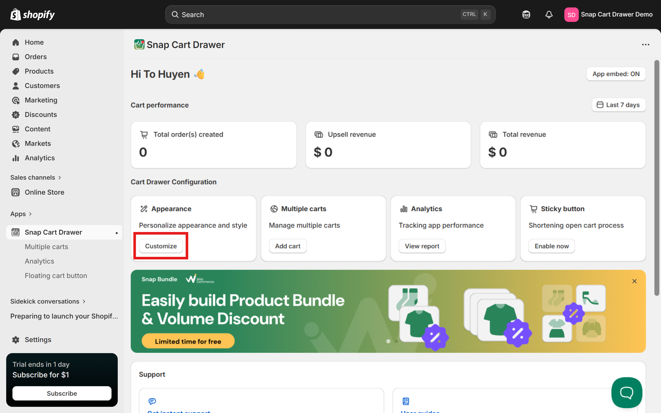 Choose "Customize" on the dashboard of Snap Cart Drawer.