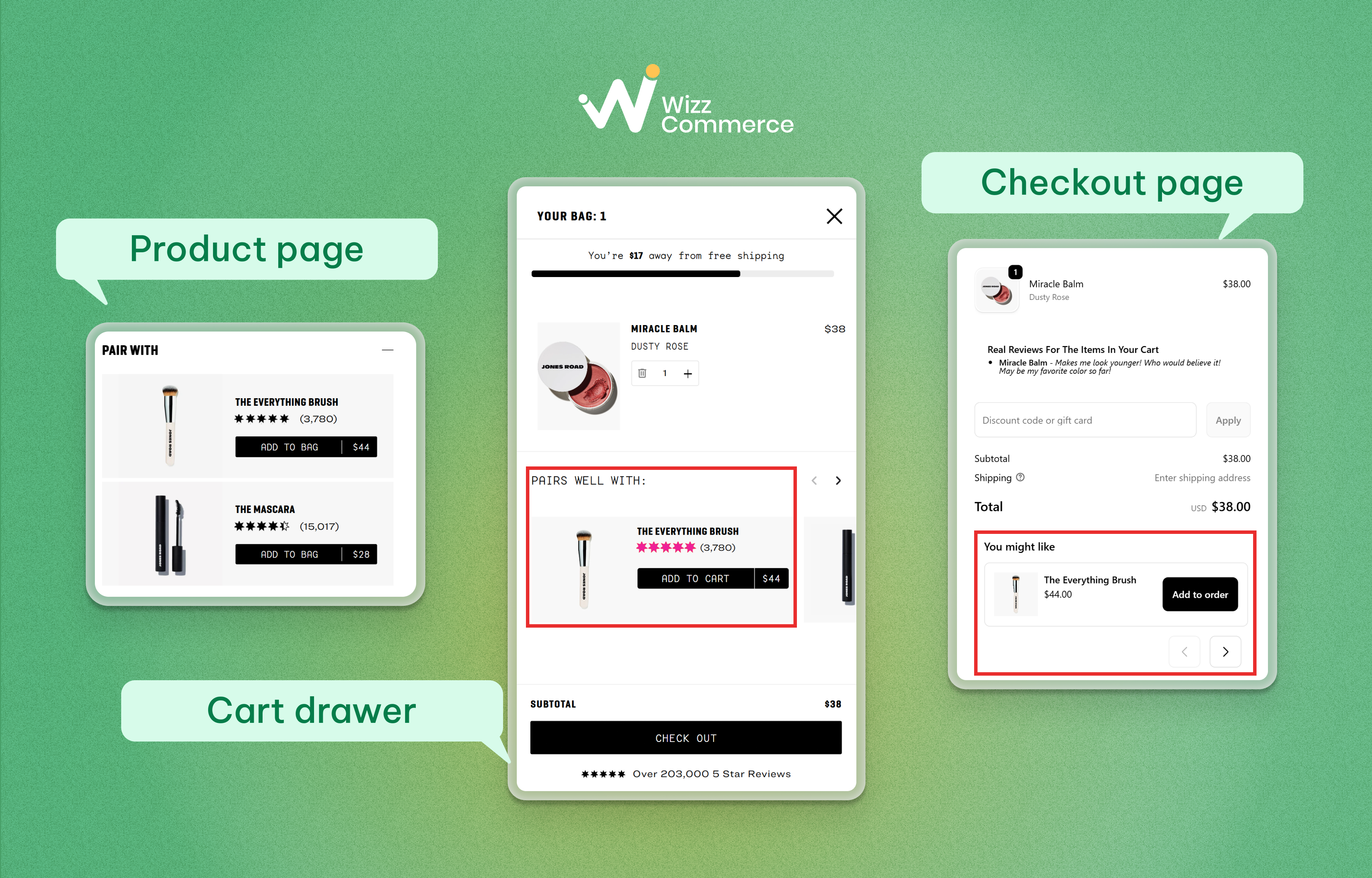 Jones Road Beauty suggests add-ons in multiple steps: product page, cart drawer, and checkout page.
