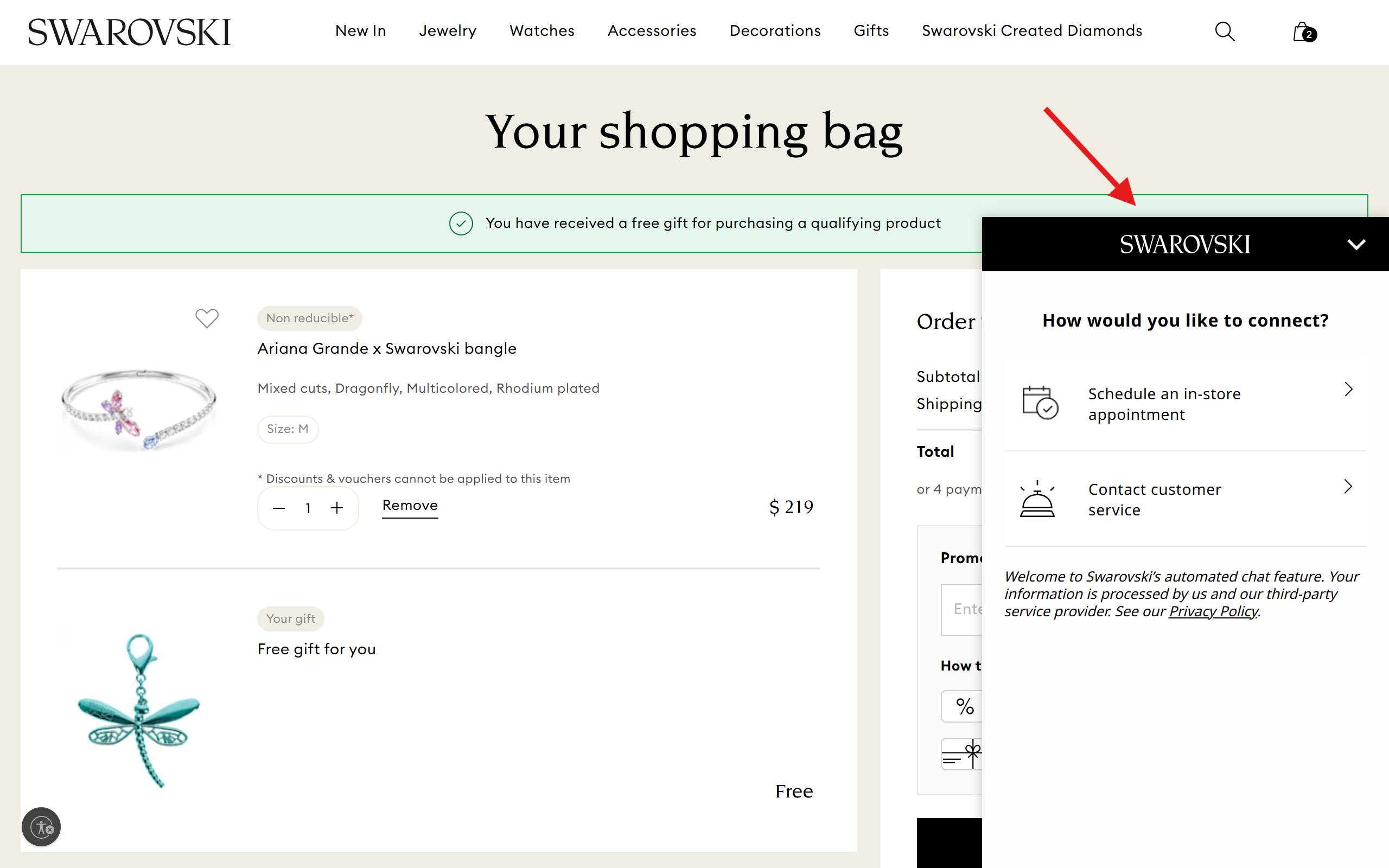 Live chat appears at the cart page.
