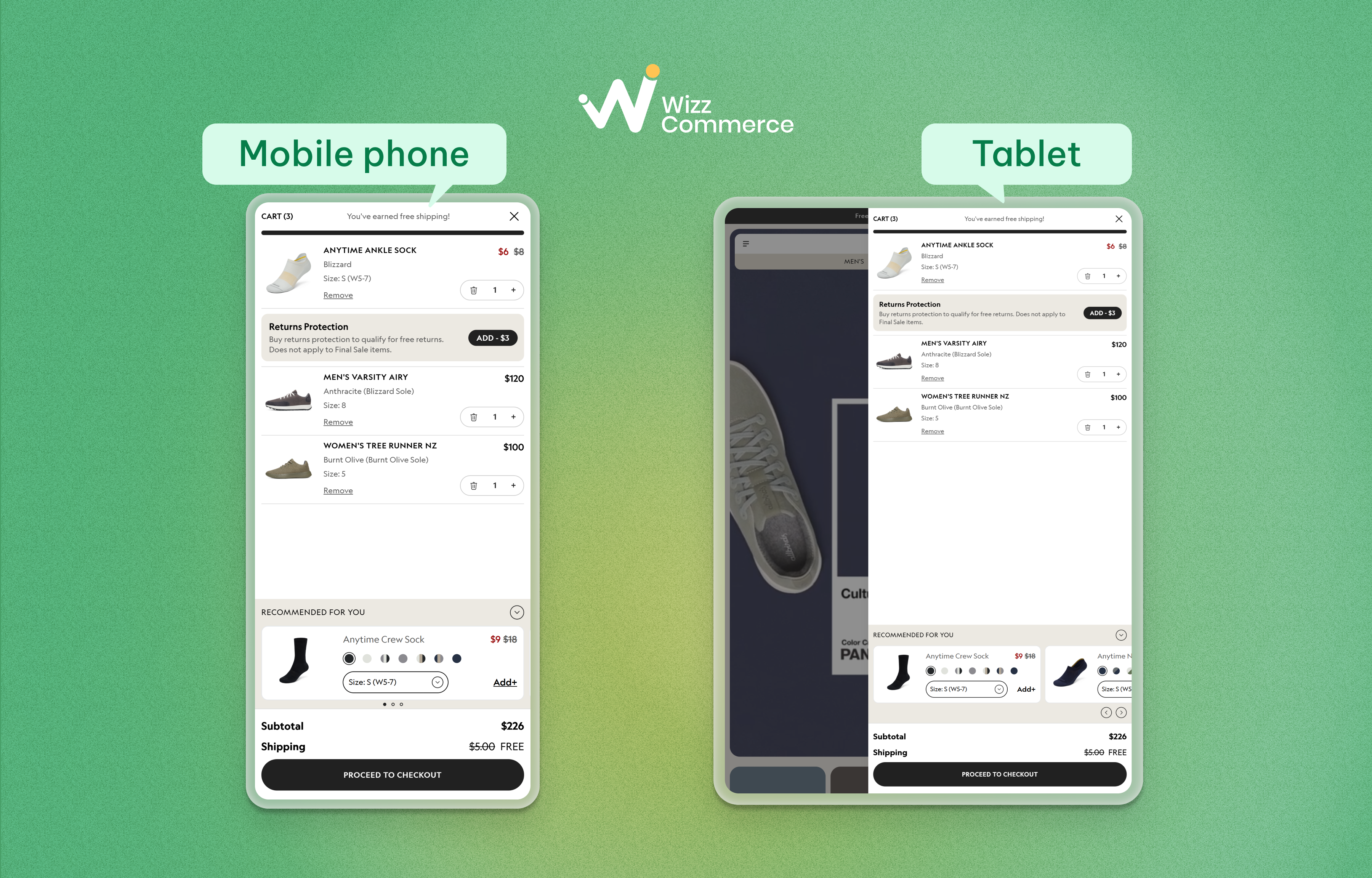 How the cart drawer looks like on mobile phone and tablet