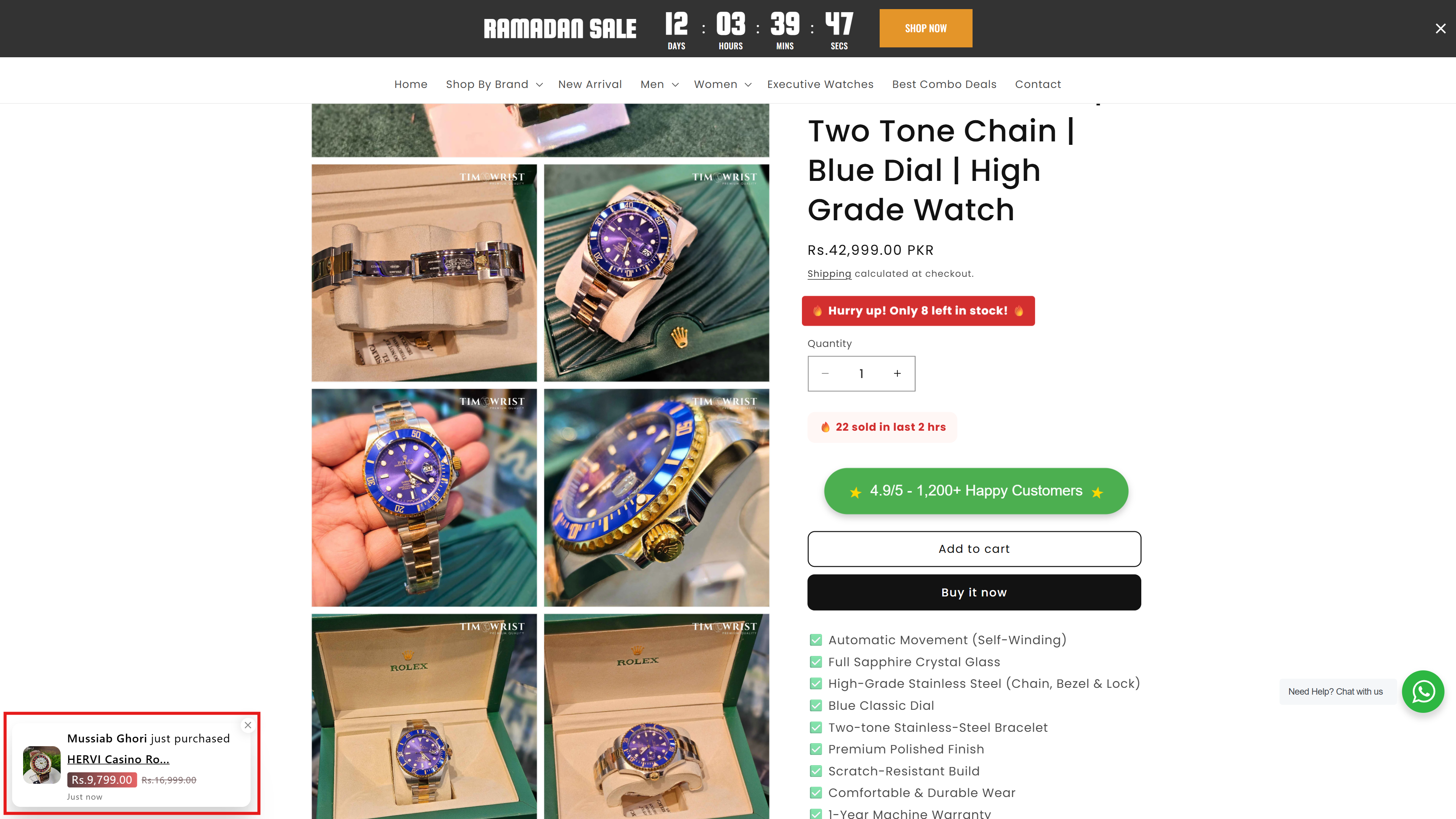 A popup appears showing that a shopper recently made a purchase.
