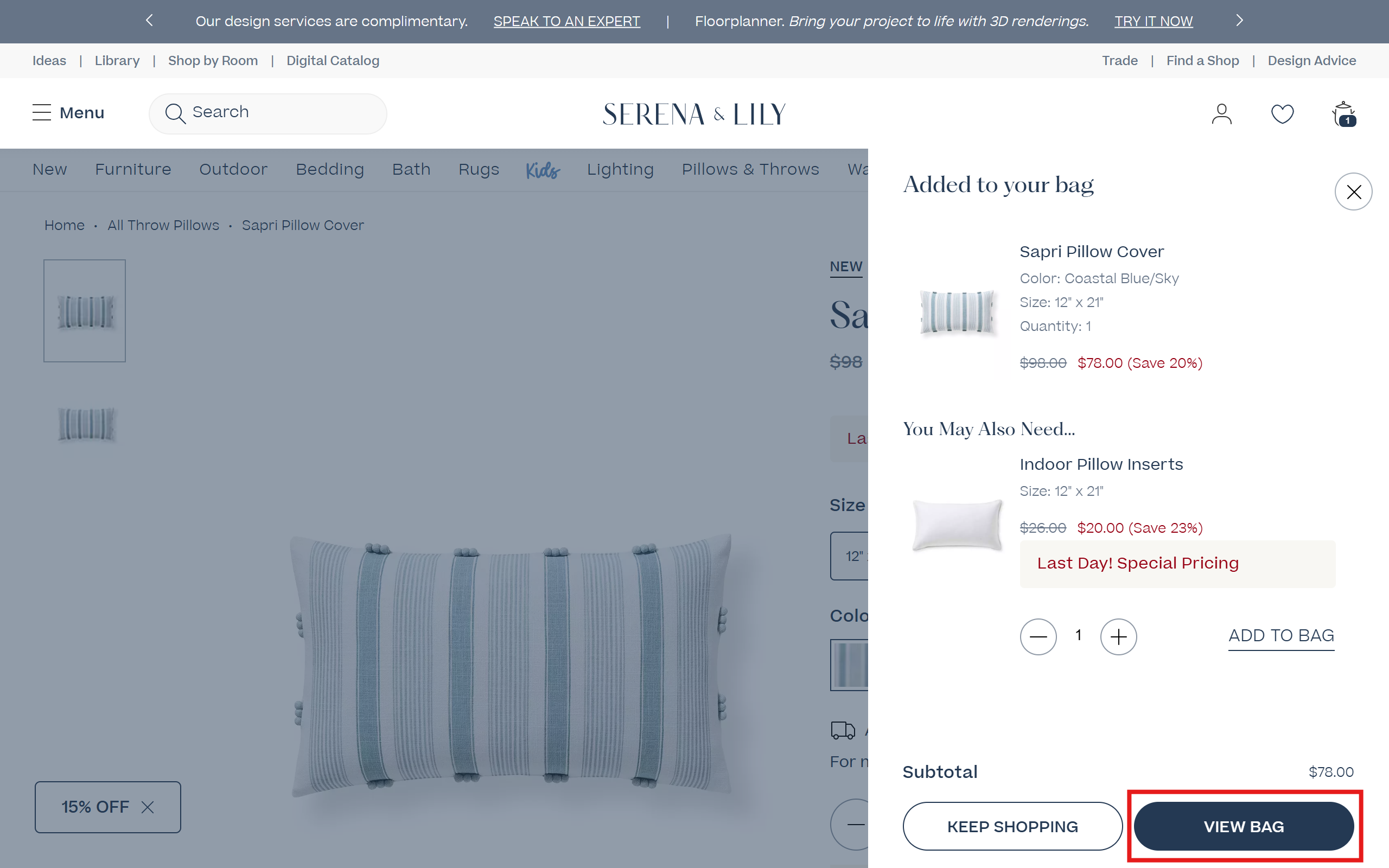 Select "View Bag" to redirect to a dedicated cart page