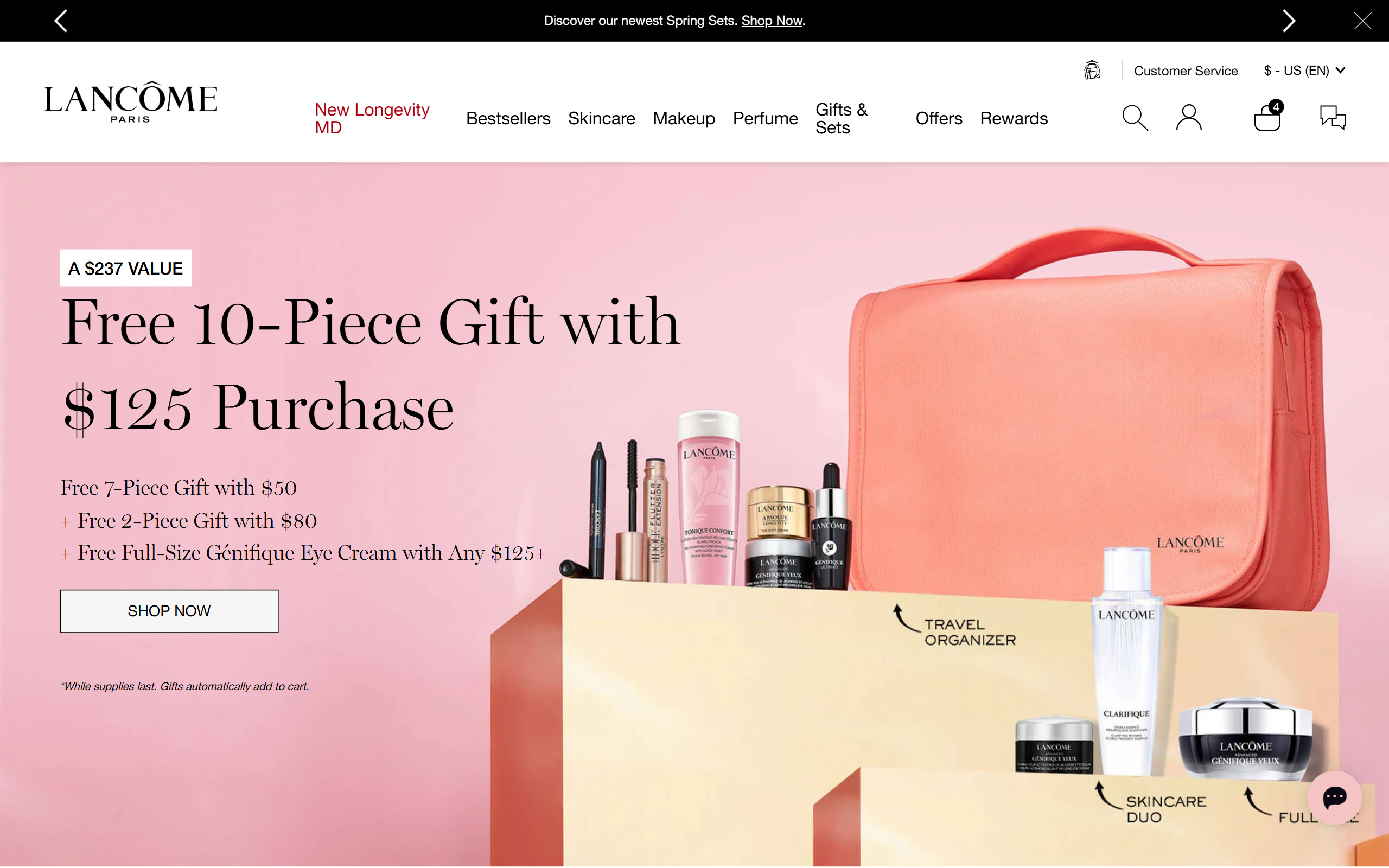 Lancôme provides diverse free gifts for multiple spending tiers: $50, $80 and $125+.
