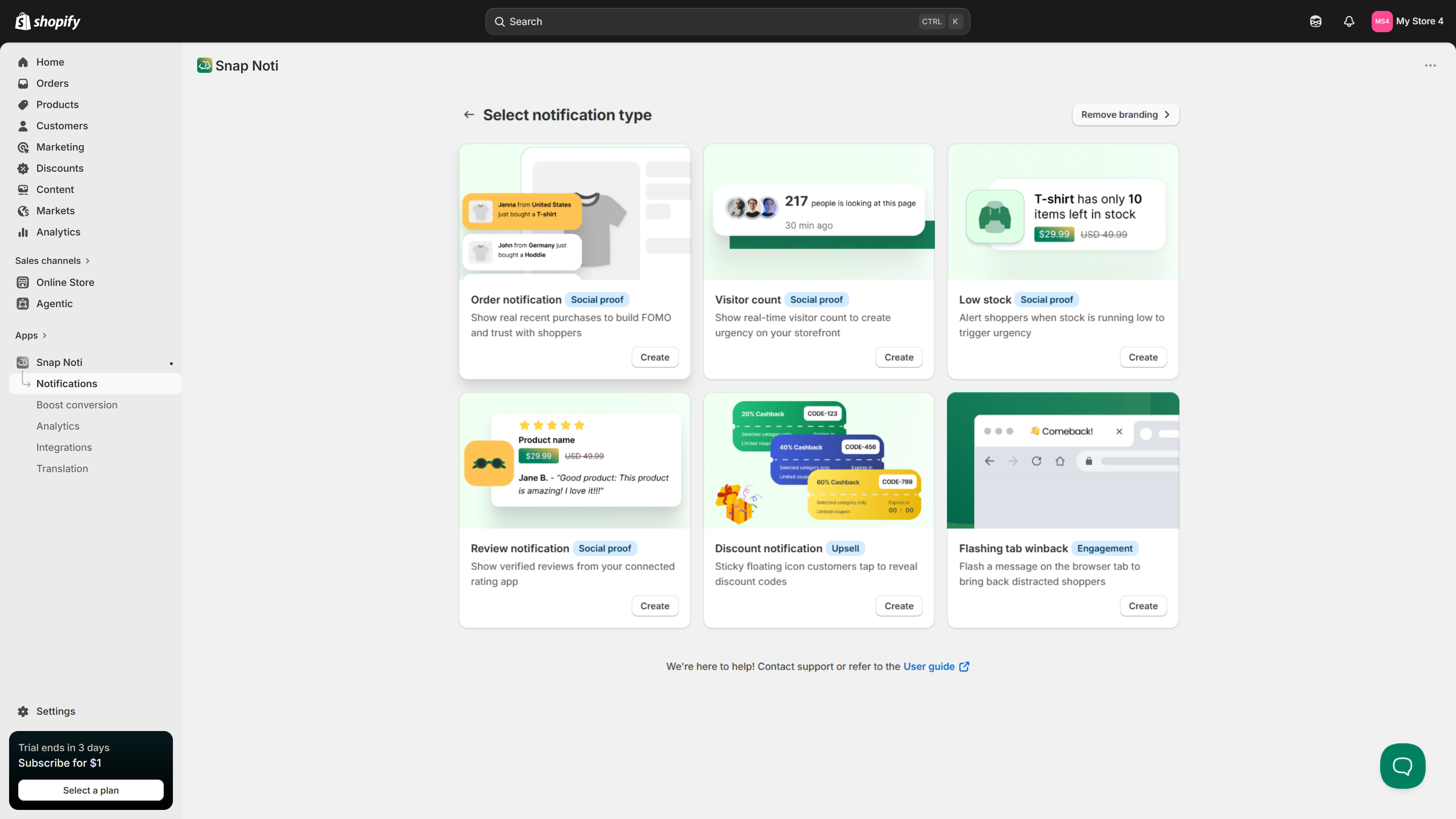 Type of notifications you can create with Snap Noti, including: order notification, visitor count, low stock, review notification, discount notification and flashing tab winback