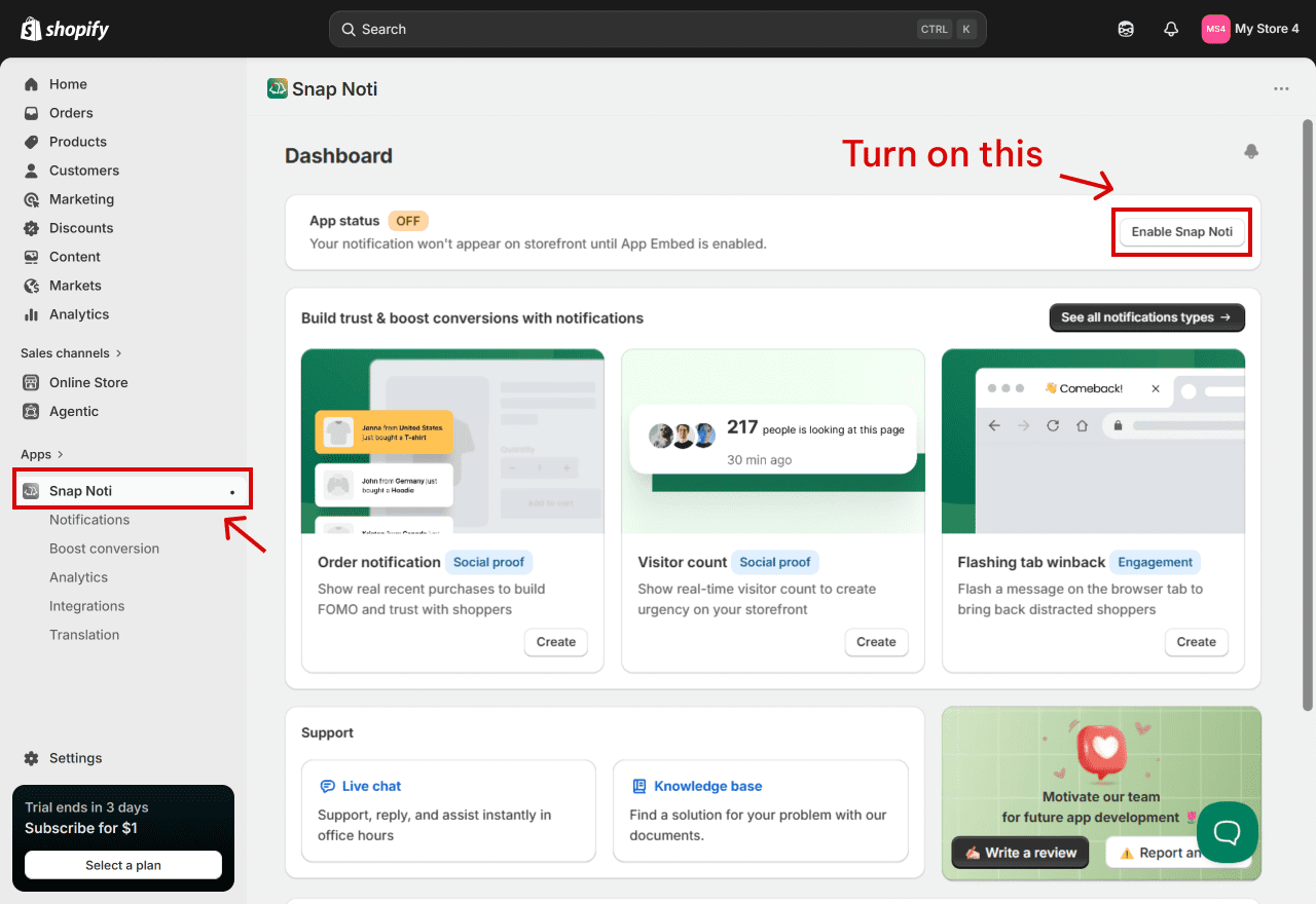 The main dashboard of Snap Noti