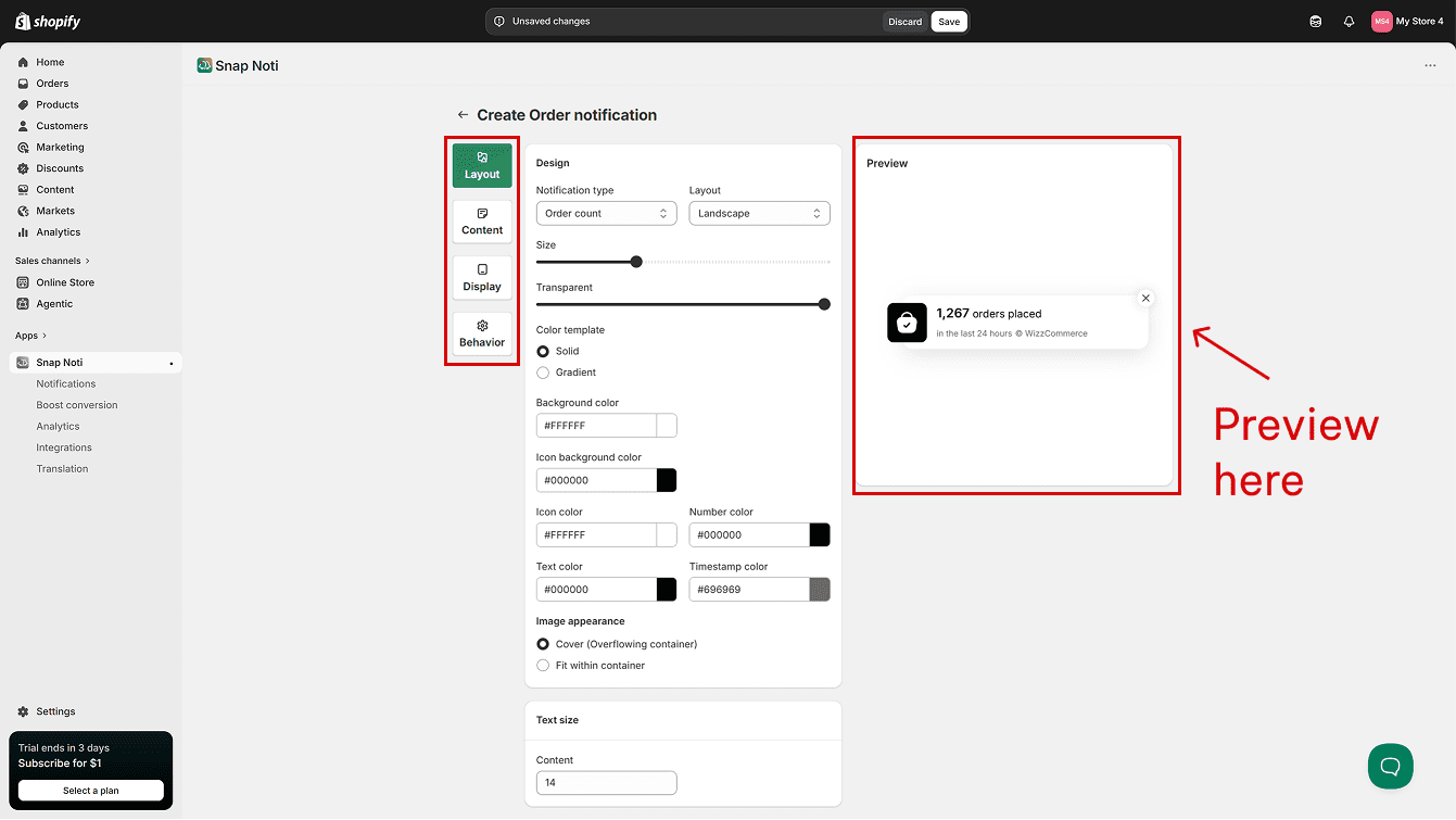 Adjust layout, content, display and behavior of the popup. Preview on the right side.