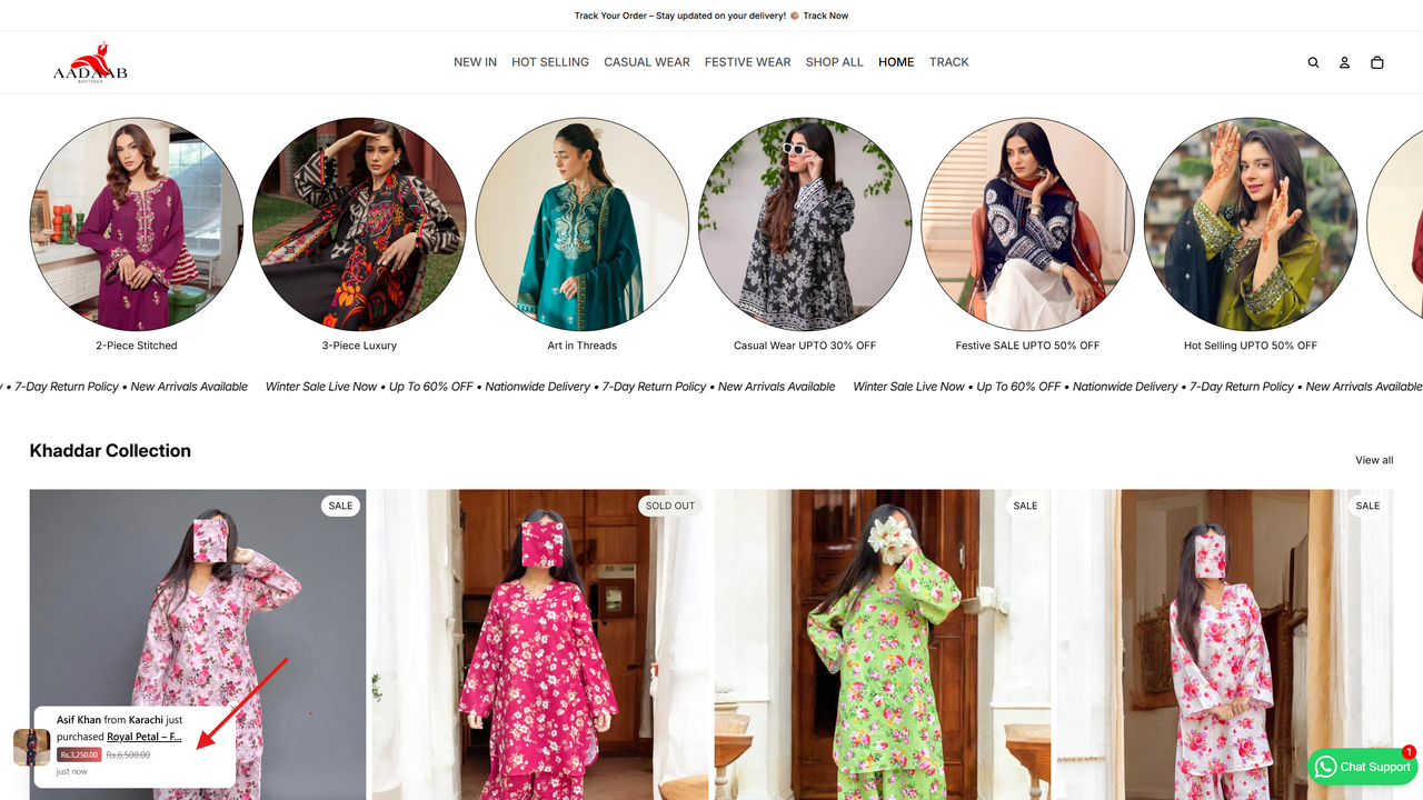 A fake sales popup displayed on a Shopify home page (Source: WizzCommerce Customer)