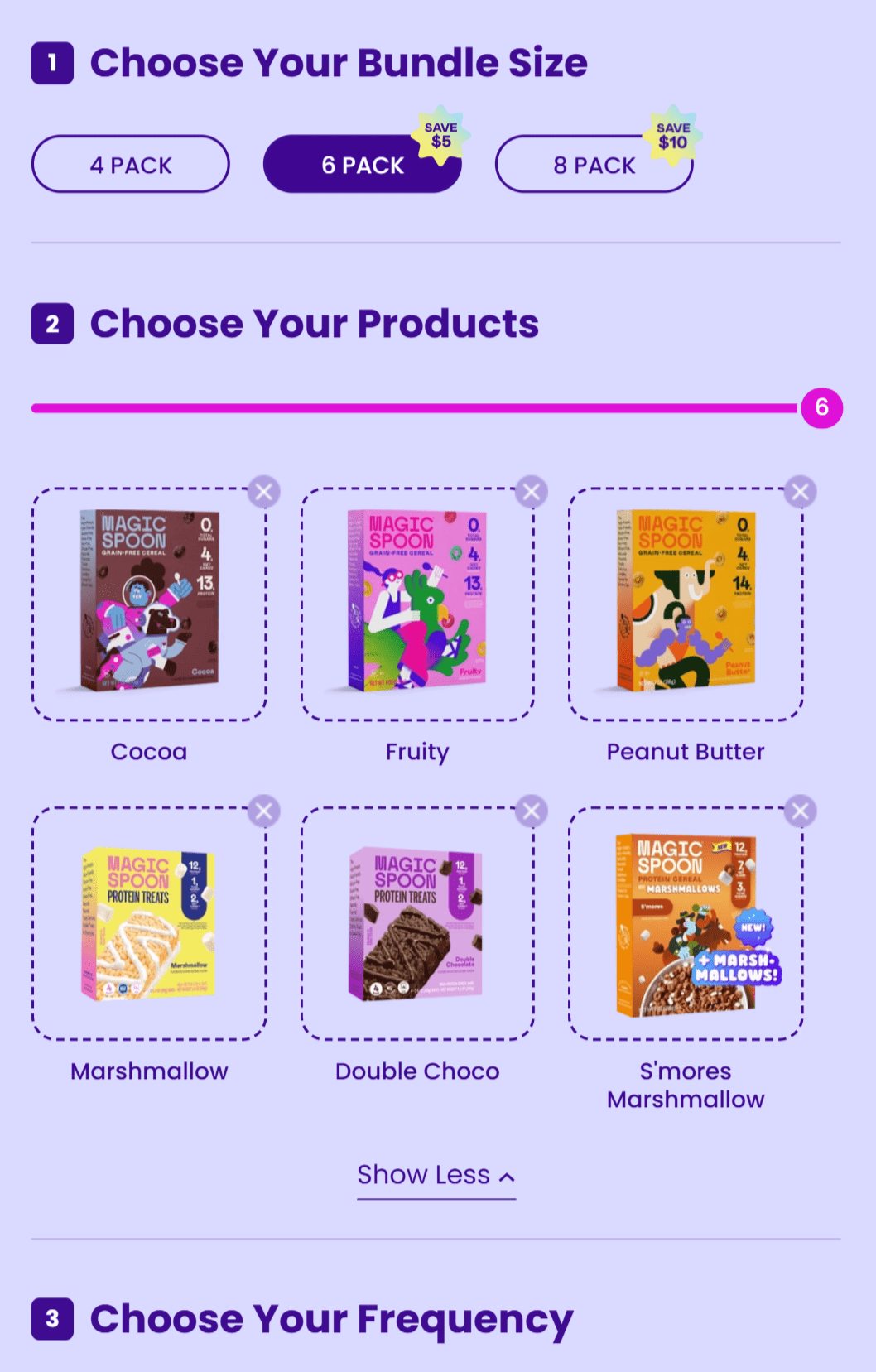 Magic Spoon allows users to select their package size, choose from various cereal and protein treat flavors, and set their subscription frequency.