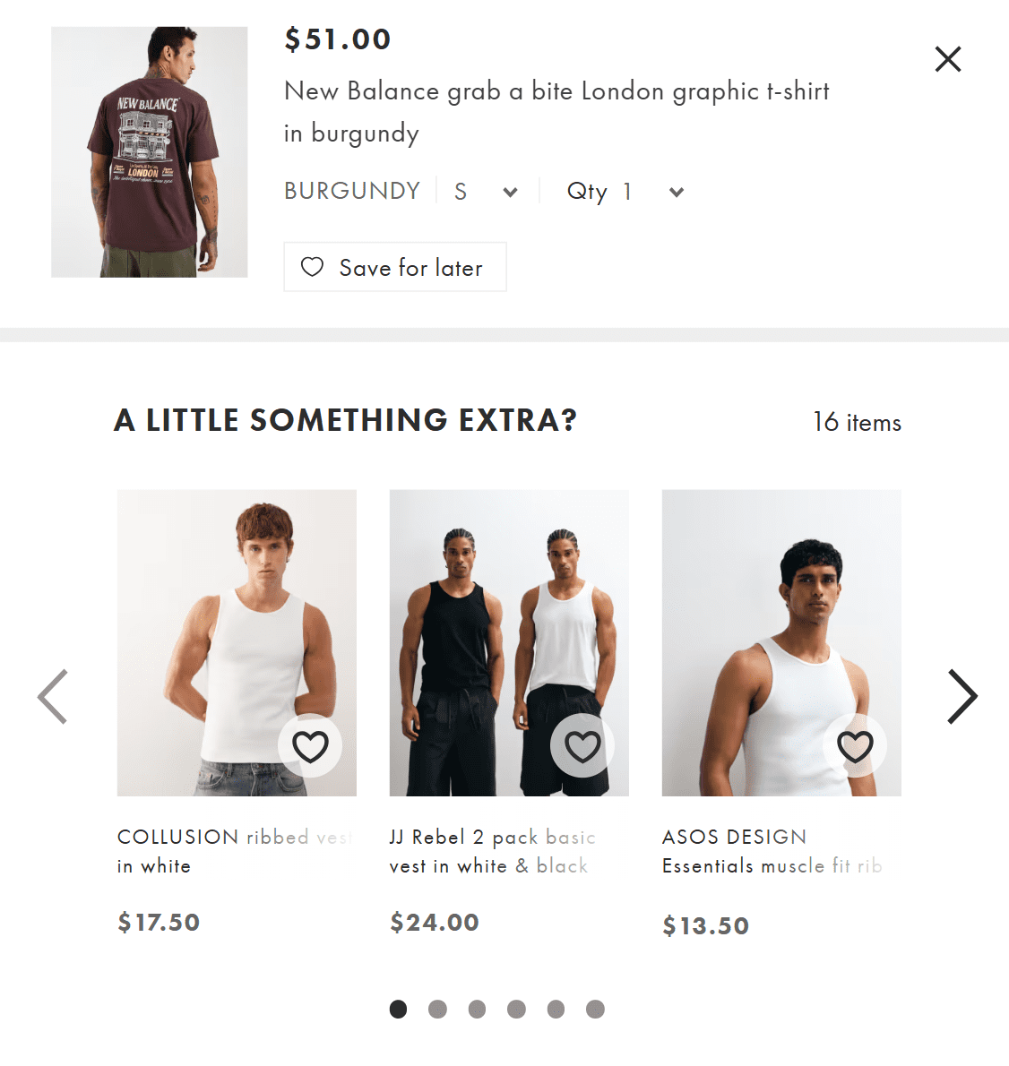 Asos suggests complementary products on cart page.