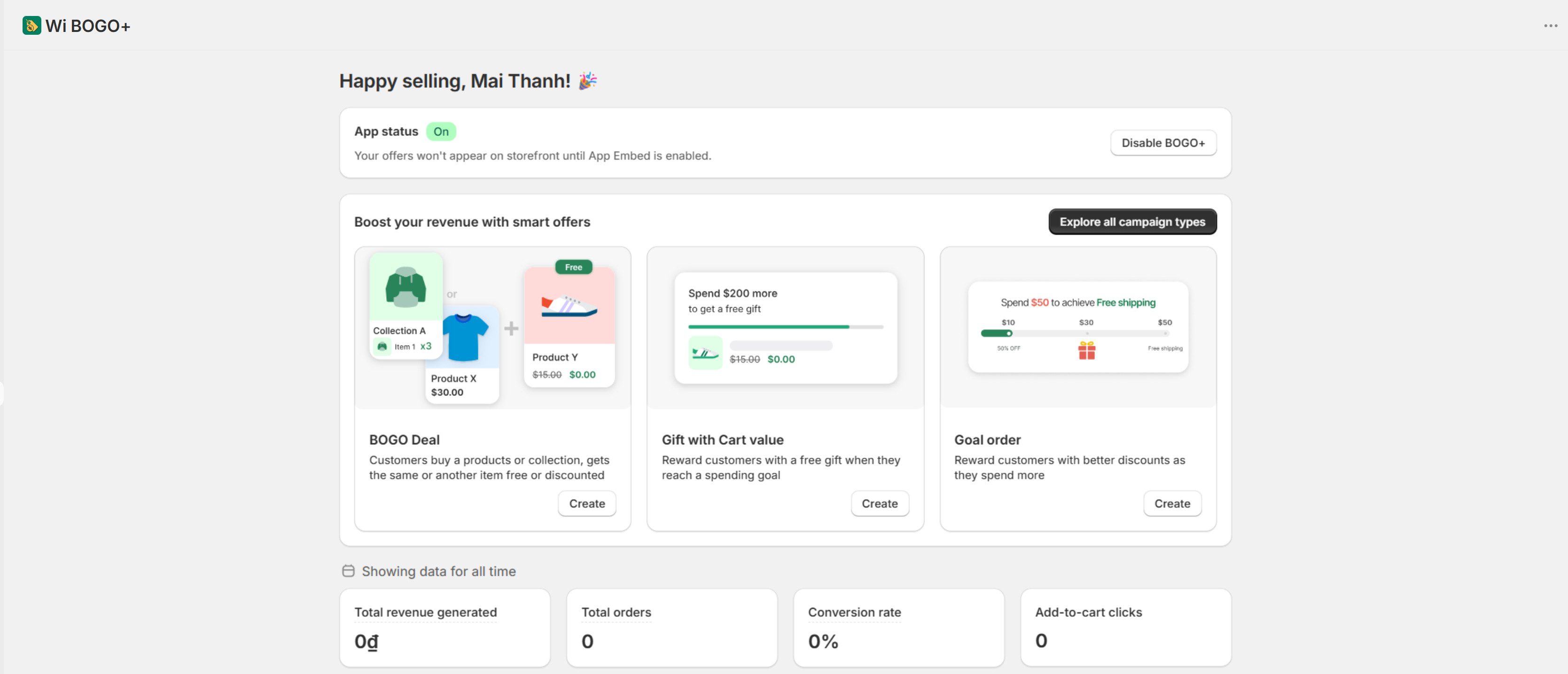 The main dashboard of BOGO+ app.