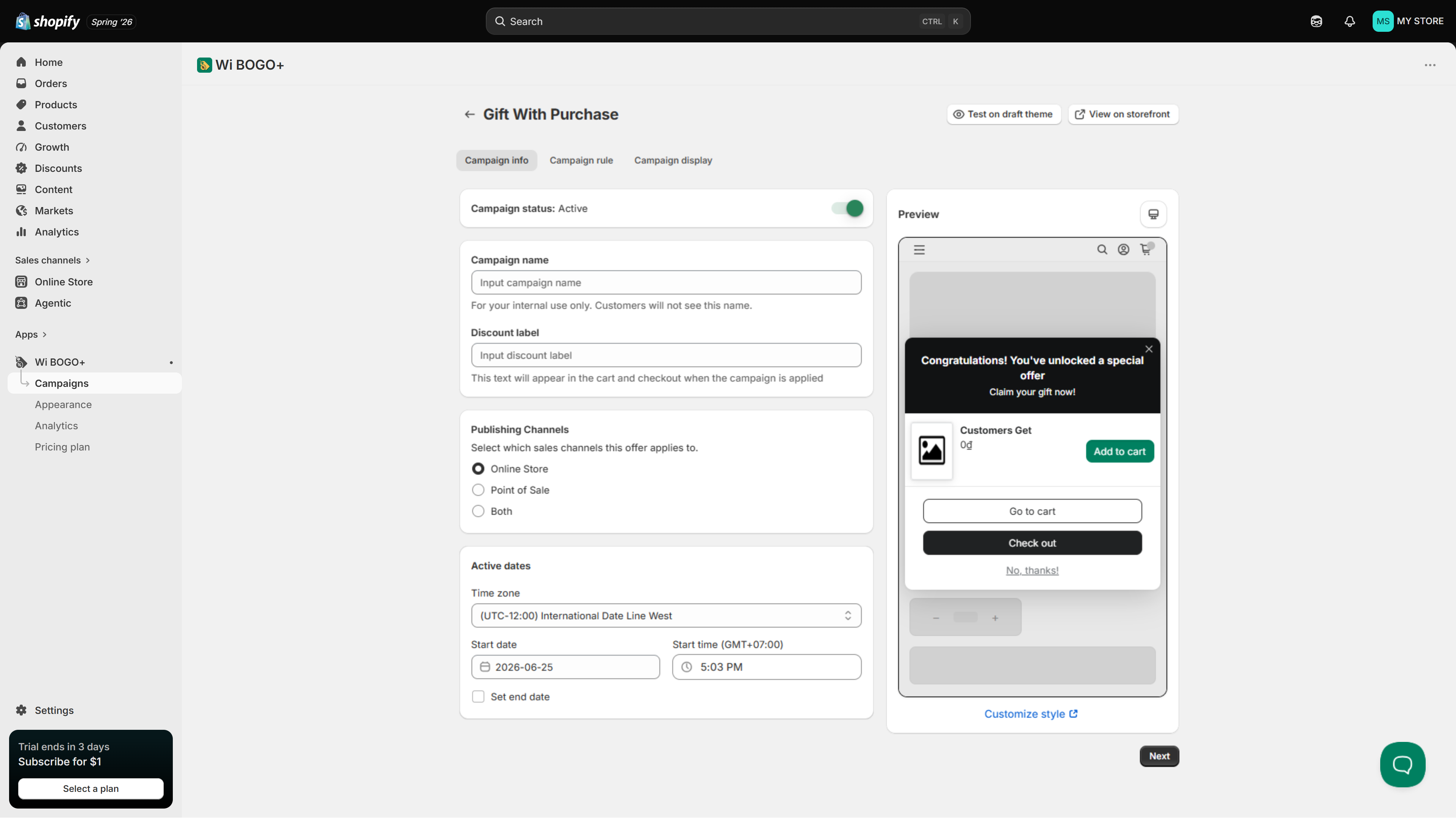Set up campaign information. Preview on the right side.