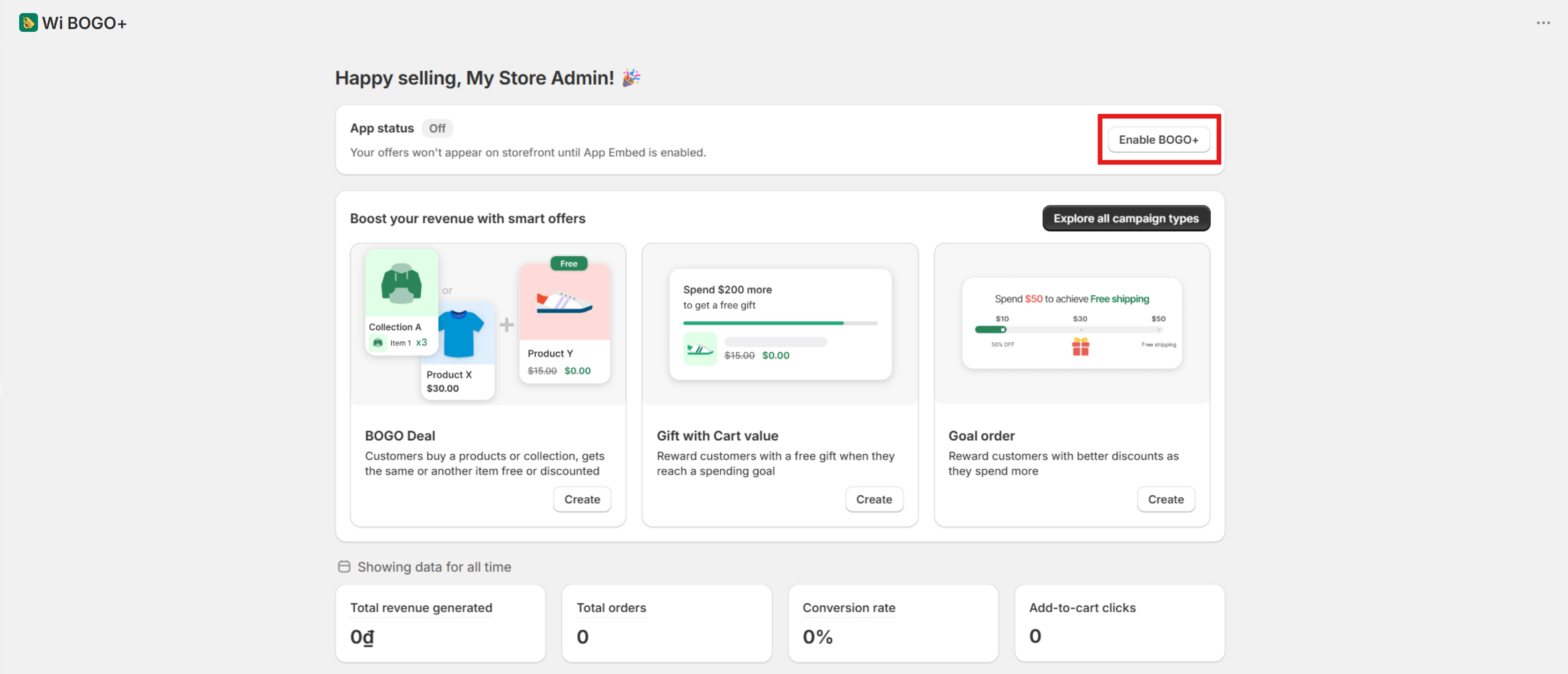 The main dashboard of BOGO+ app.