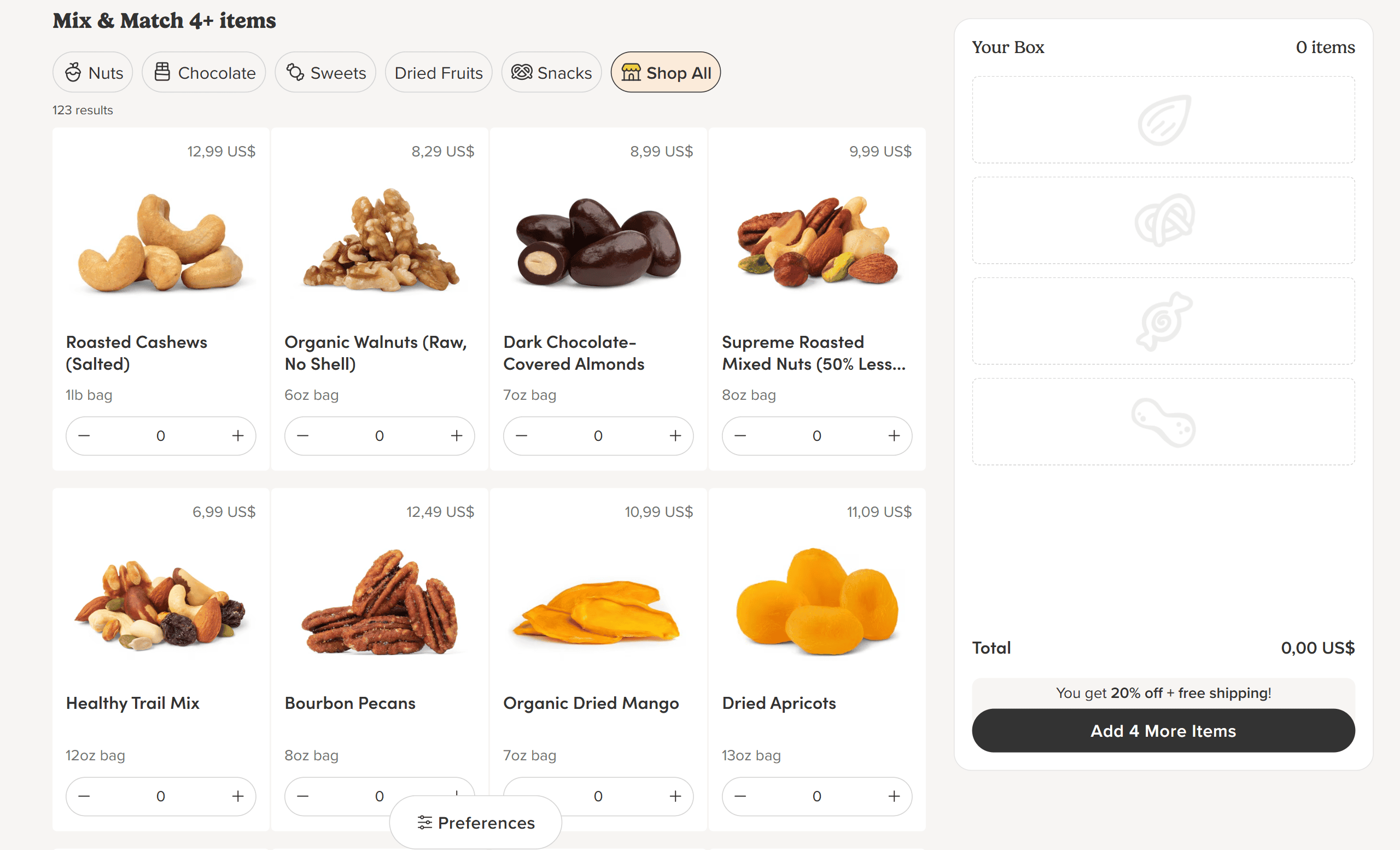 Build your snack box from 5 different categories.