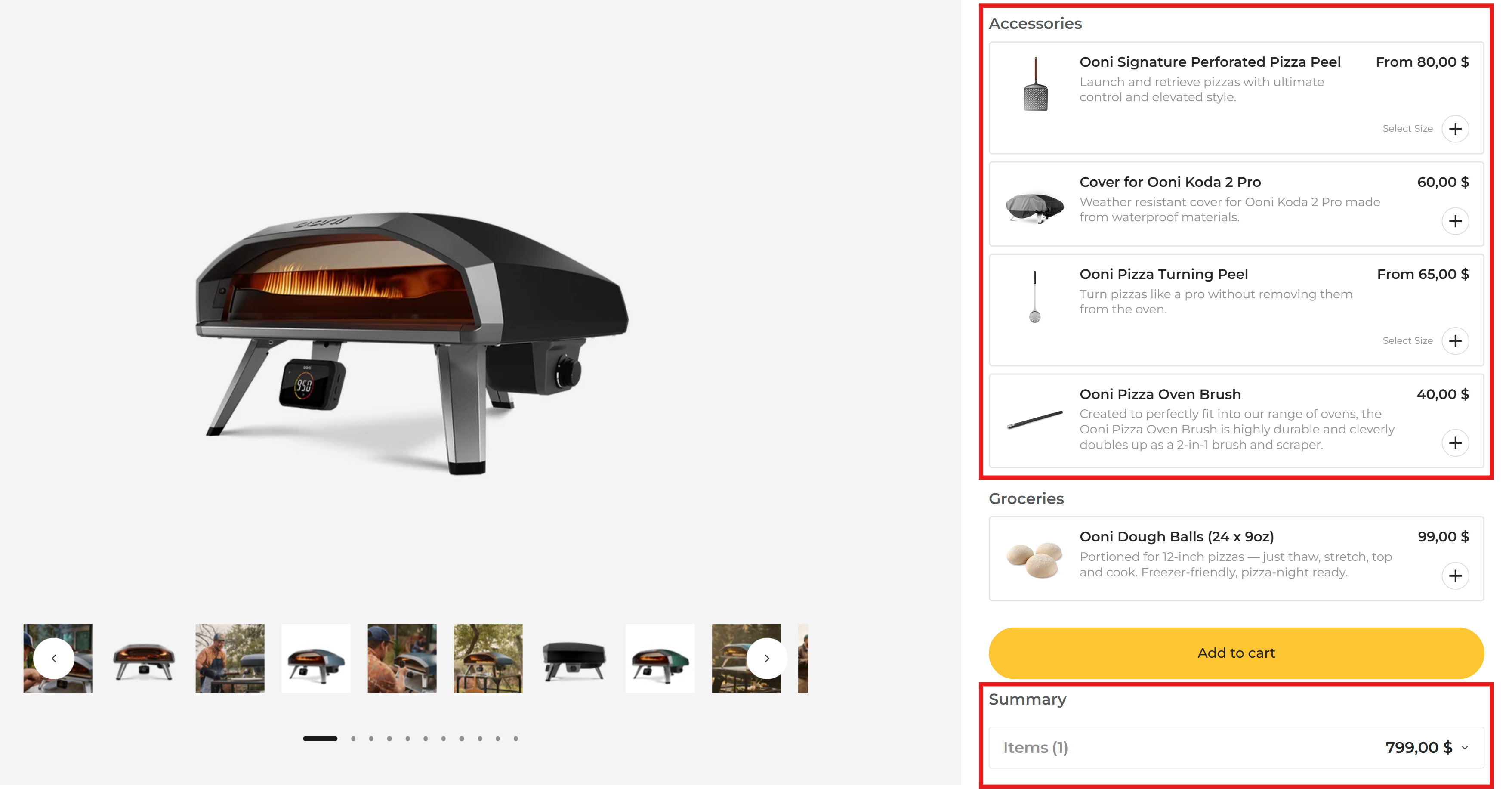 Suggest accessory items to finish an oven setup. Show total price clearly.