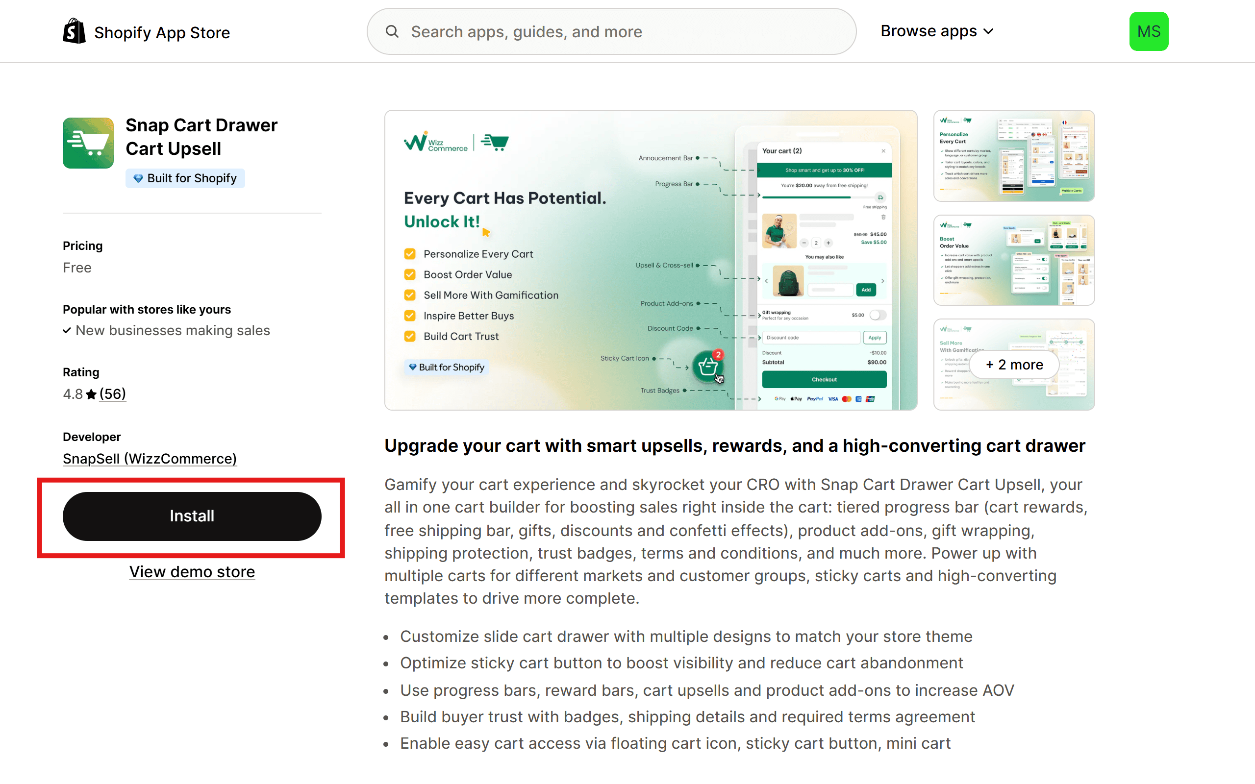 Install the Snap Cart Drawer app.
