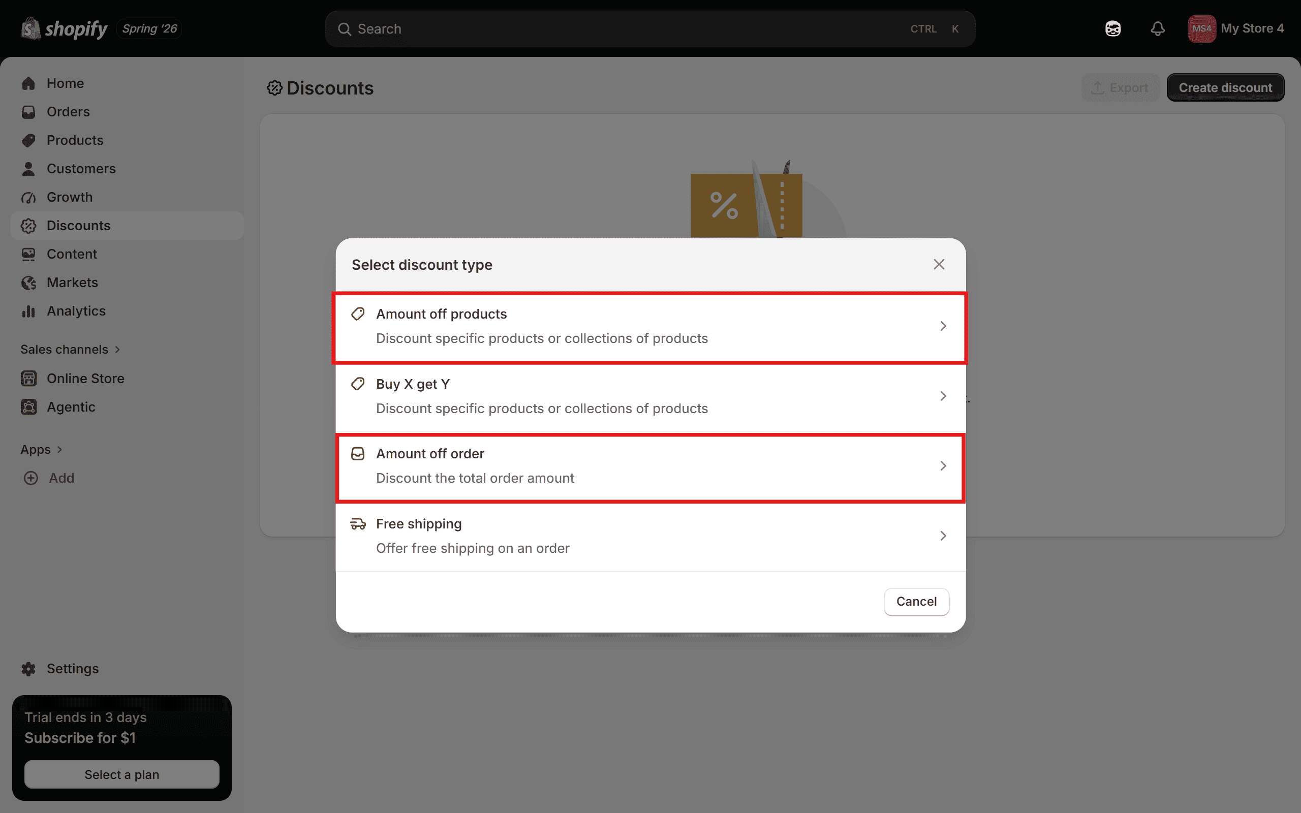Choose Amount off products or Amount off order to build basic offers.